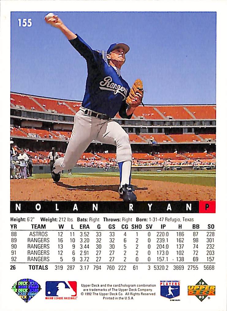 FIINR Baseball Card 1993 Upper Deck Nolan Ryan MLB Baseball Card #155 - Mint Condition