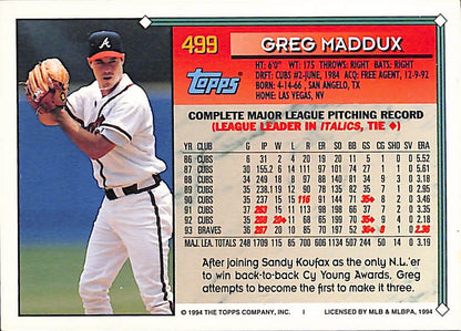 FIINR Baseball Card 1994 Topps Greg Maddux MLB Baseball Card #499 - Mint Condition