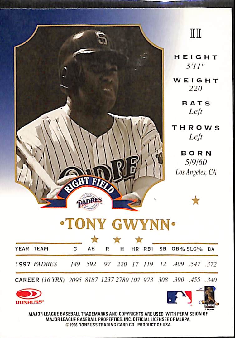 FIINR Baseball Card 1998 Donruss 50th Anniversary Tony Gwynn MLB Baseball Card #11 - Rare - Mint Condition