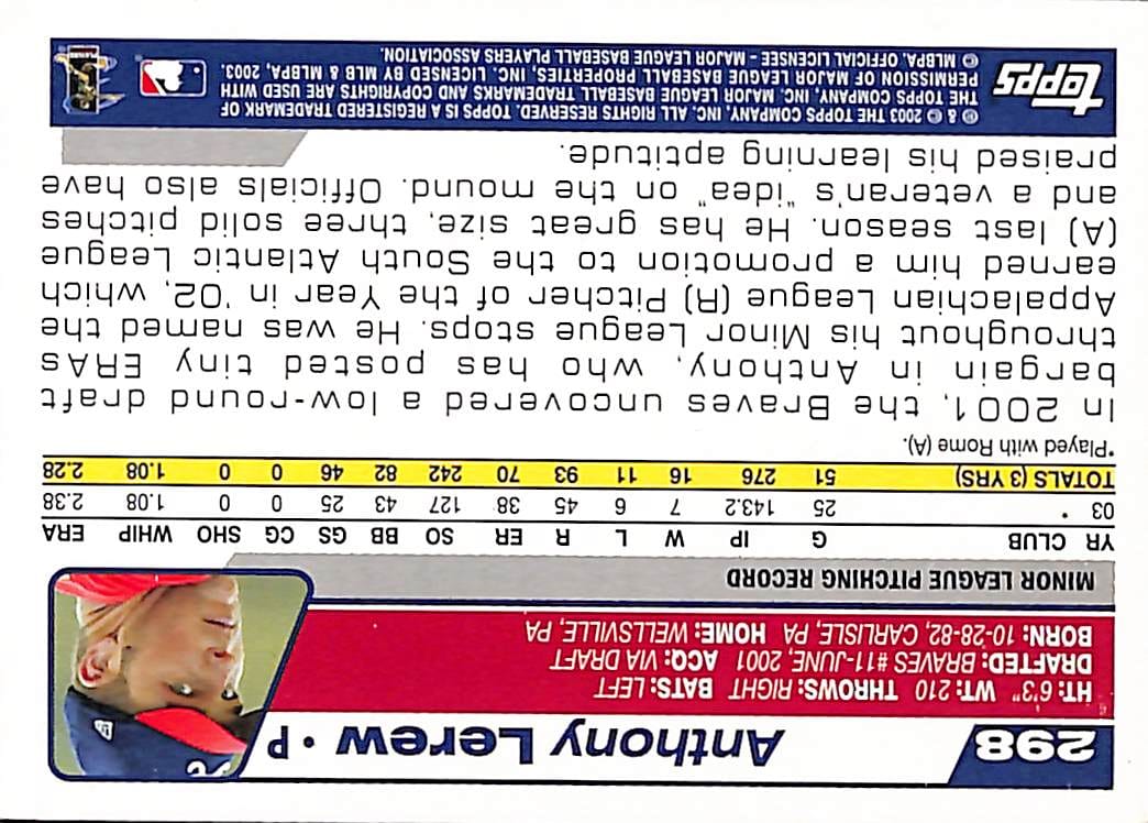FIINR Baseball Card 2003 Topps Anthony Lerew MLB Baseball Card #298 - Mint Condition