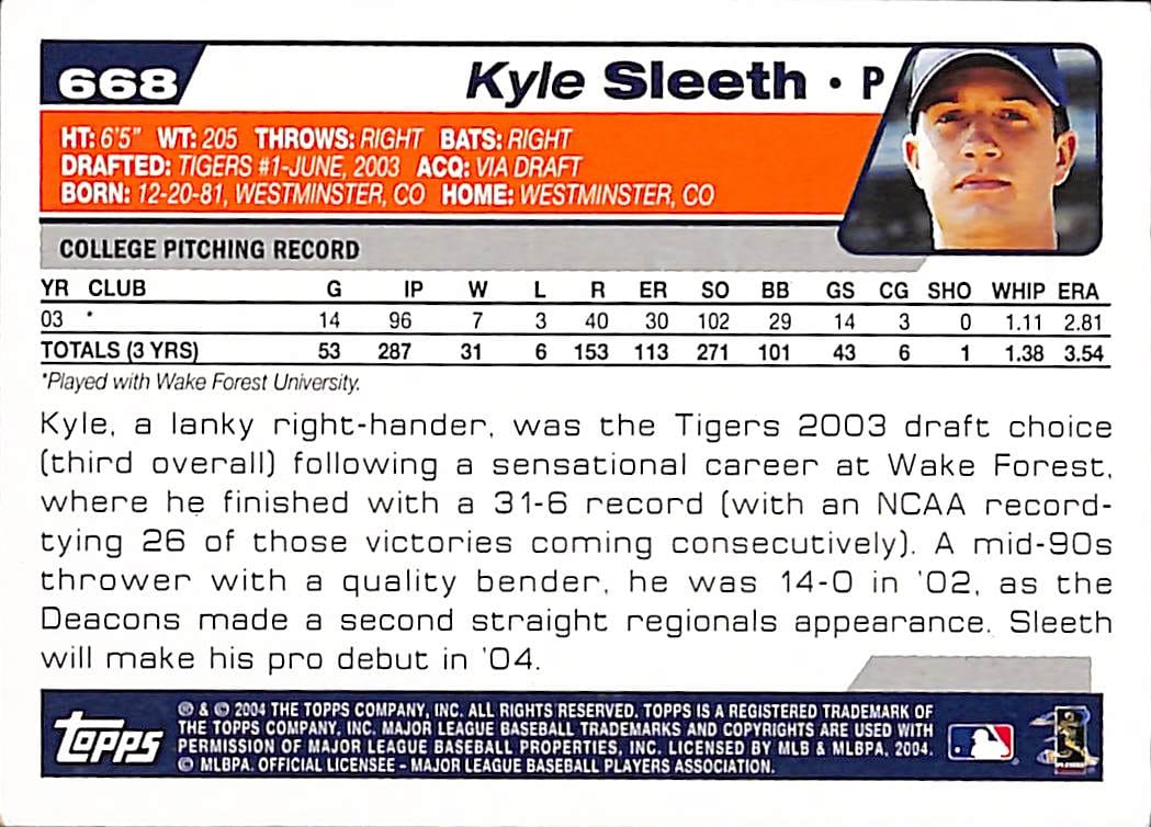 FIINR Baseball Card 2003 Topps Draft Pick Kyle Sleeth MLB Baseball Card #668 - Rookie Card - Mint Condition