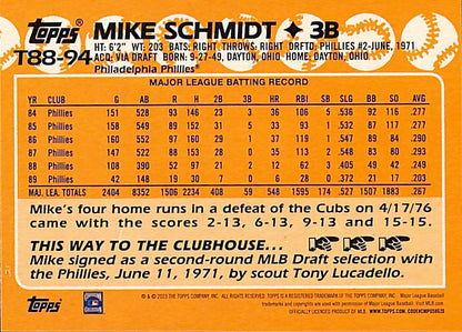 FIINR Baseball Card 2023 Topps Mike Schmidt Throwback Baseball Card T88-94 - Mint Condition