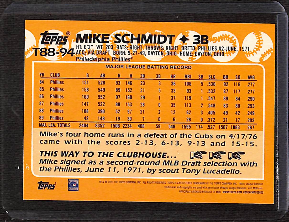 FIINR Baseball Card 2023 Topps Mike Schmidt Throwback Baseball Card T88-94 - Mint Condition