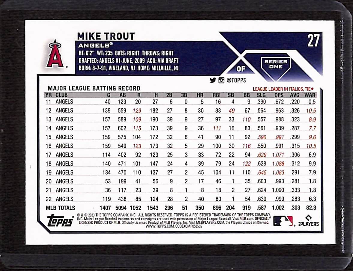 FIINR Baseball Card 2023 Topps Mike Trout MLB Baseball Card #27 - Mint Condition