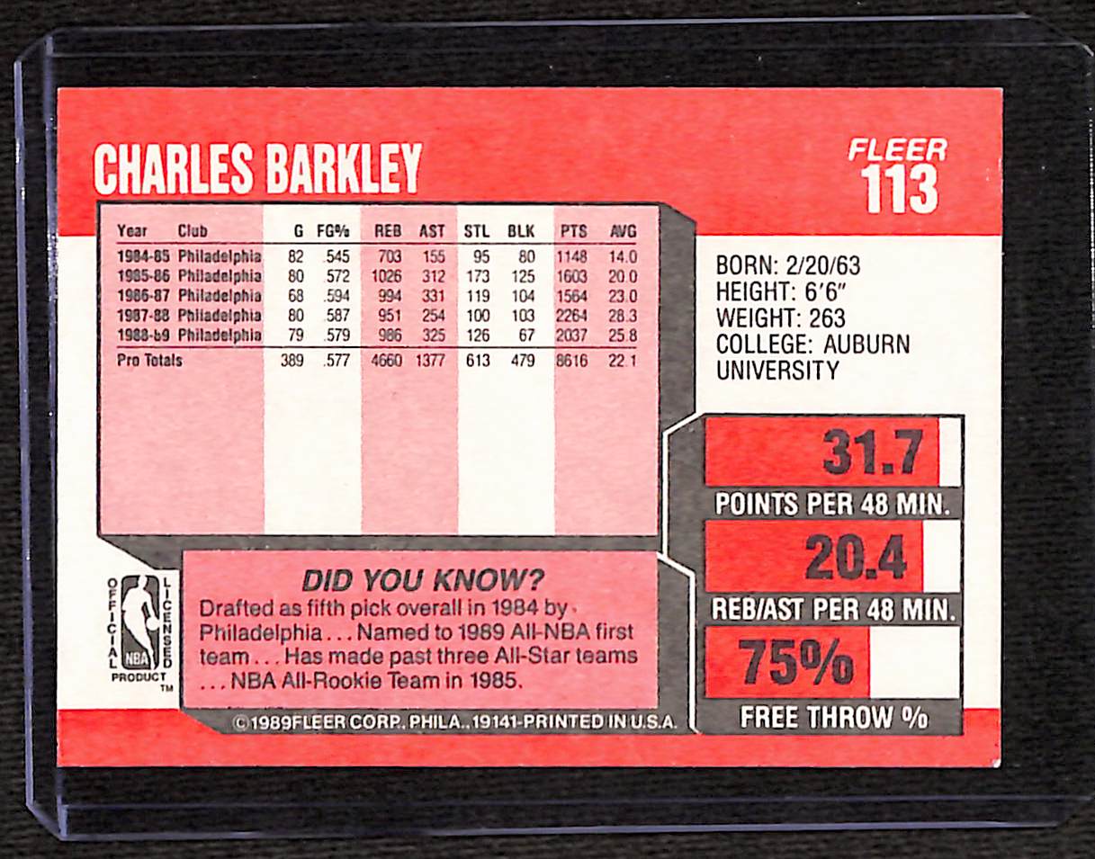 FIINR BasketBall Card 1989 Fleer Vintage Charles Barkley NBA Basketball Card #113 - Mint Condition