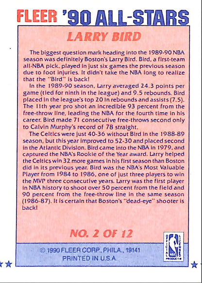 FIINR BasketBall Card 1990 Fleer All Stars Larry Bird NBA Basketball Player Card #2 - Mint Condition