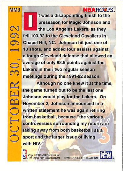 FIINR BasketBall Card 1993 NBA Hoops Magic Johnson Lakers Vs Cleveland Basketball Card #MM3- Mint Condition