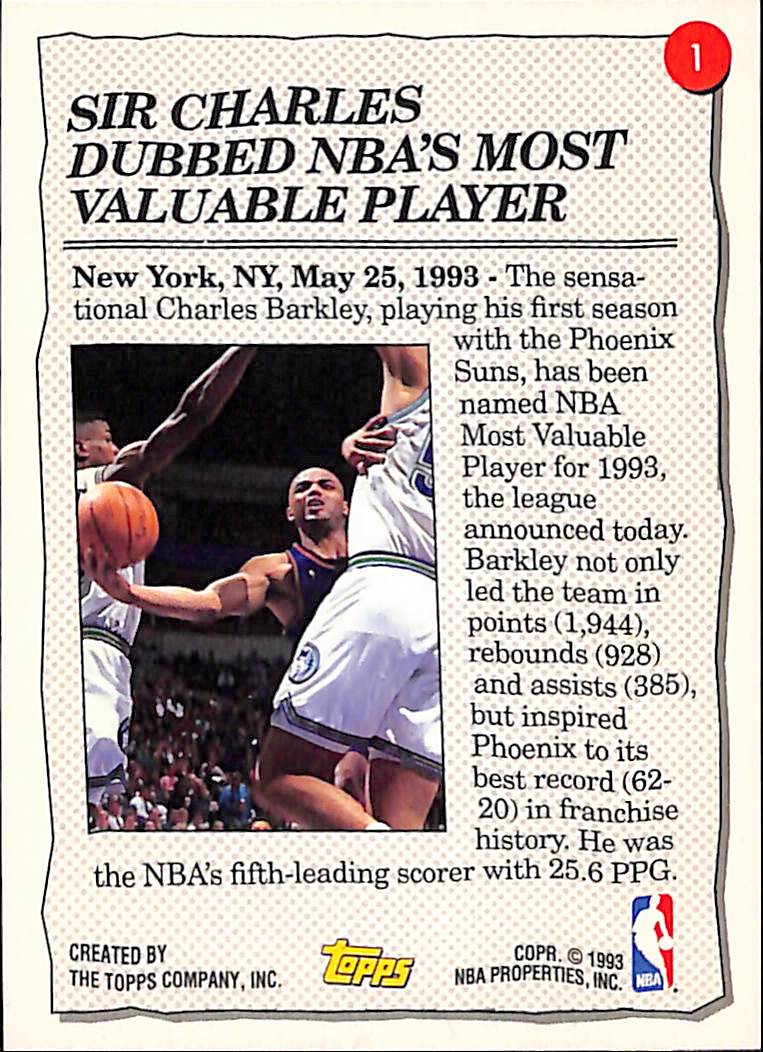 FIINR BasketBall Card 1993 Topps Charles Barkley NBA Highlight Basketball Card #1 - Mint Condition