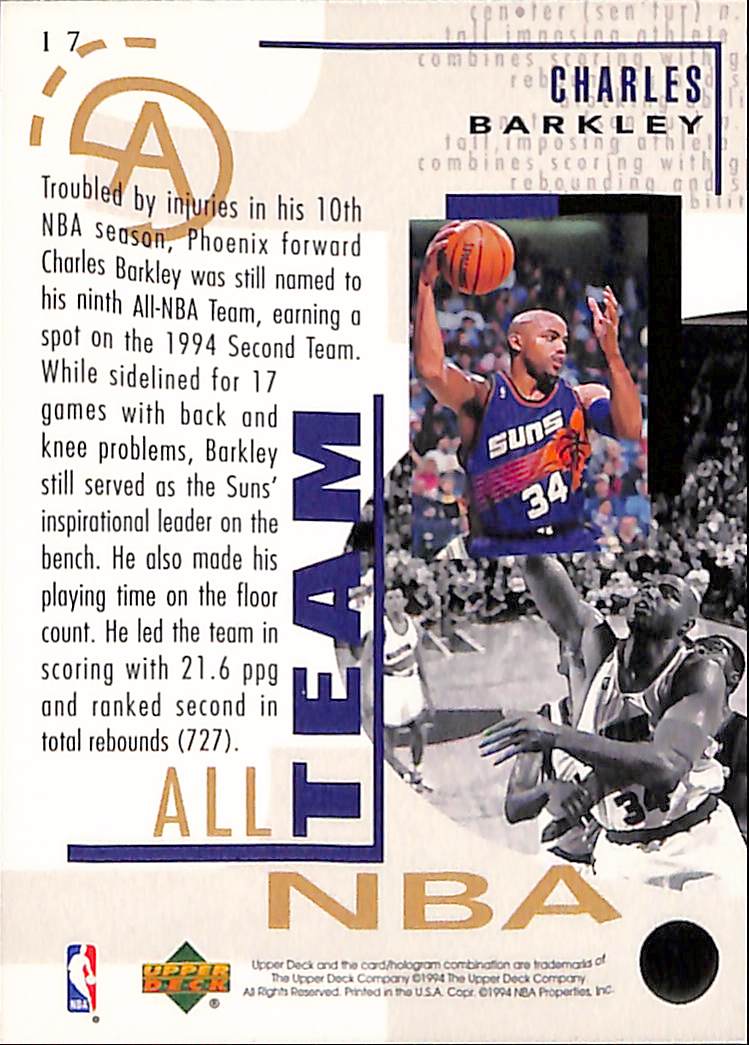 FIINR BasketBall Card 1994 Upper Deck All - NBA Charles Barkley Basketball Card #17 - Mint Condition