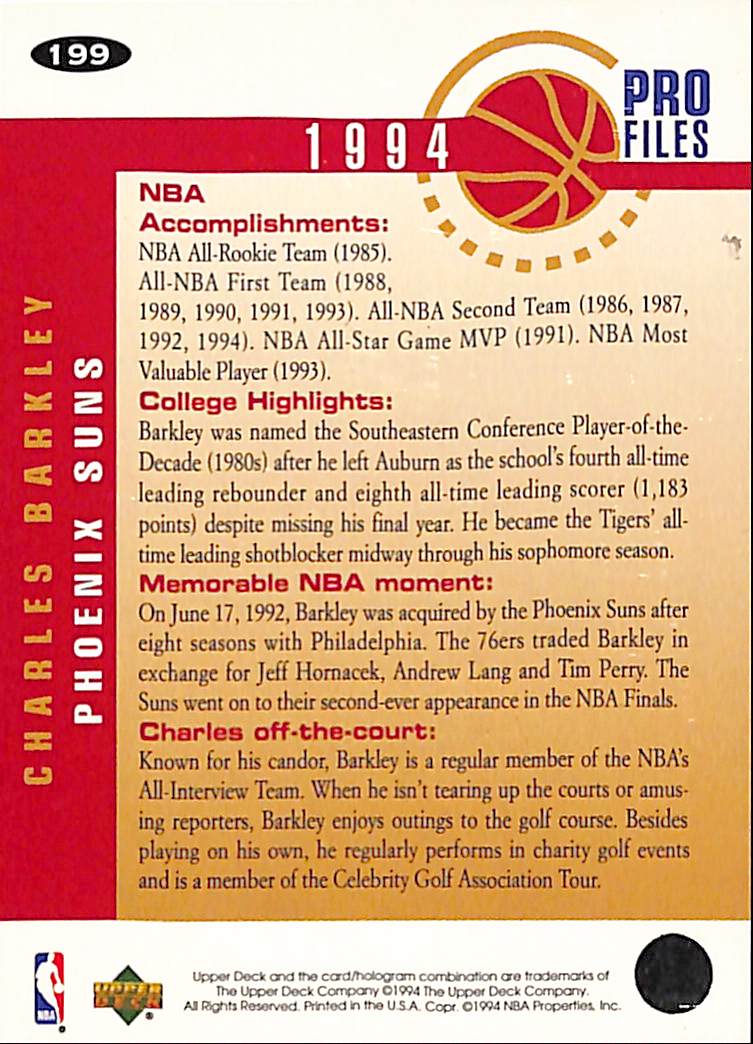 FIINR BasketBall Card 1994 Upper Deck Charles Barkley Collectors Choice NBA Basketball Card #199 - Mint Condition