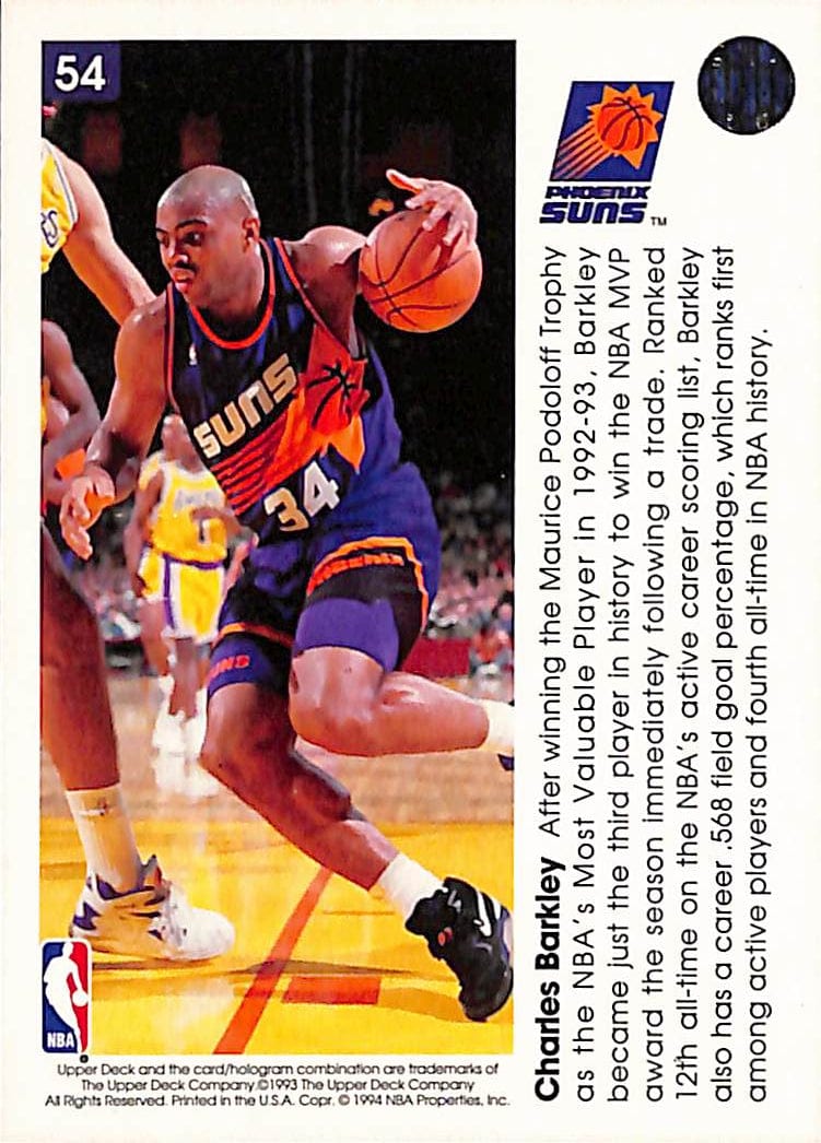 FIINR BasketBall Card 1994 Upper Deck Charles Barkley Pro View NBA Basketball Card #54 - Mint Condition