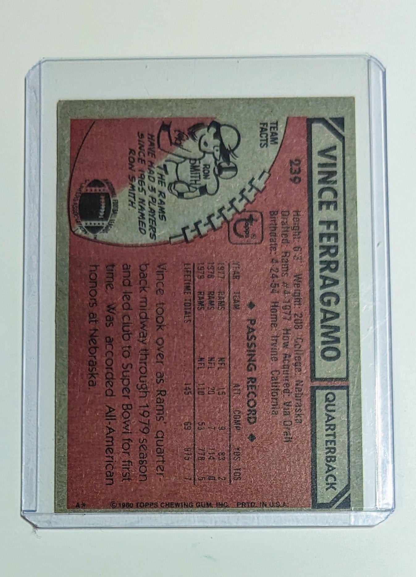 FIINR Football Card 1980 Topps Vince Ferragamo Football Card #239 - Mint Condition