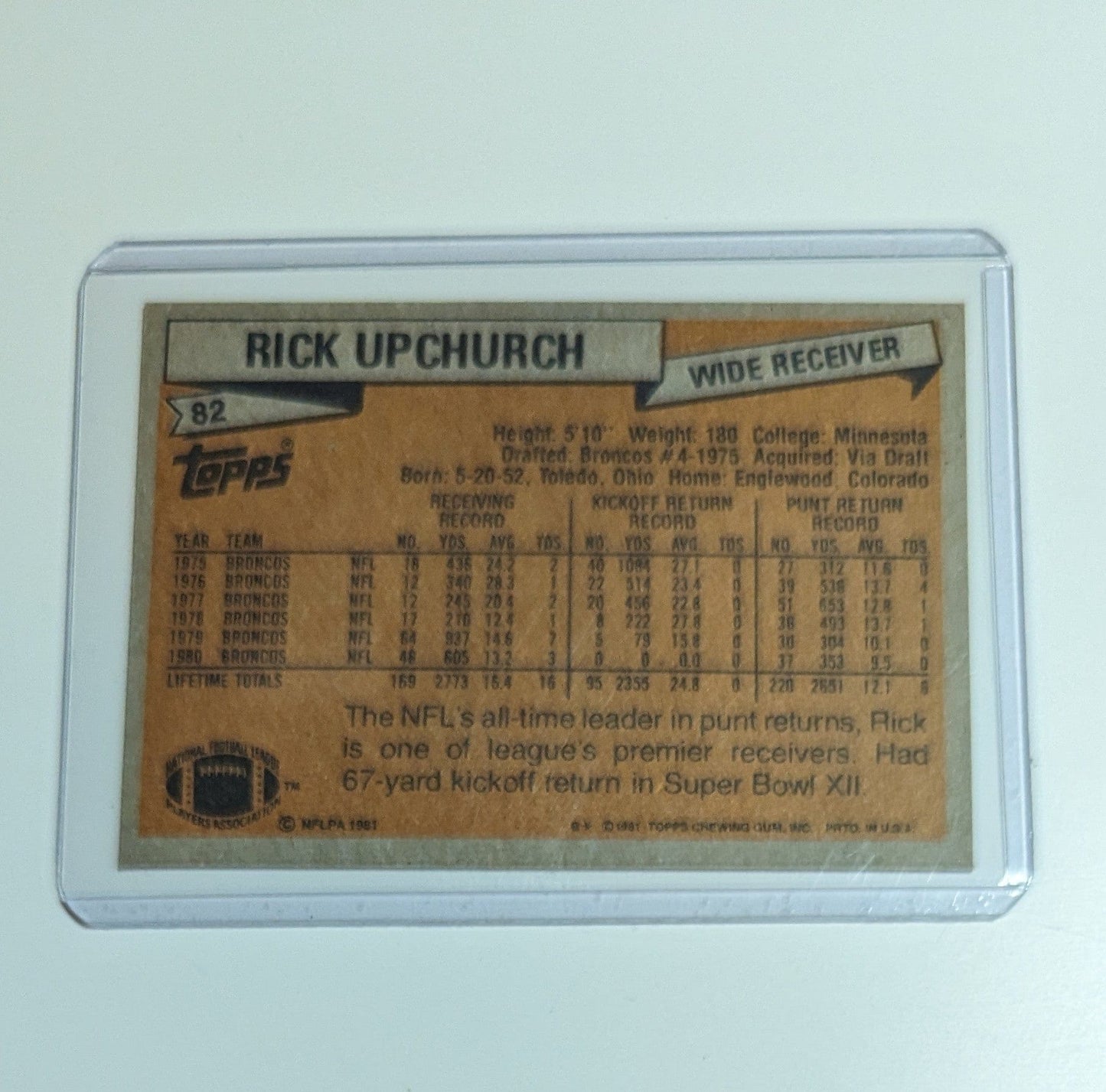 FIINR Football Card 1981 Topps Rick Upchurch Football Card #82 - Mint Condition