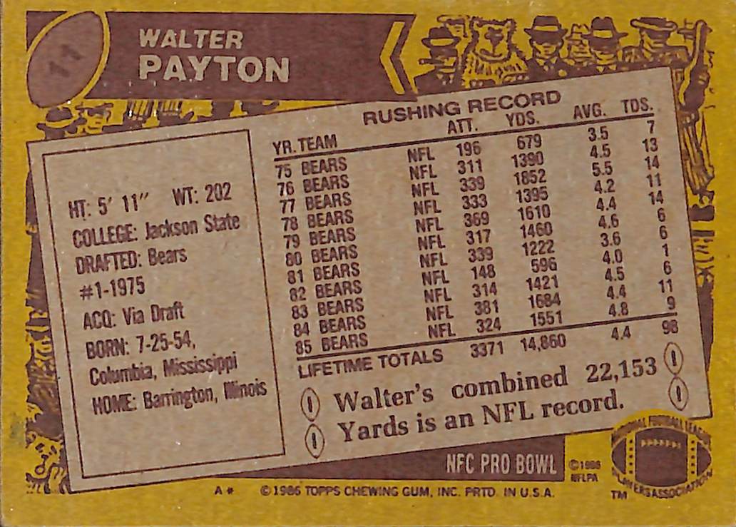 FIINR Football Card 1986 Walter Peyton "Sweetness" NFL Football Card #11 - Chicago Bears - Mint Condition