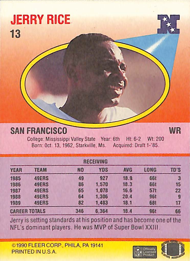 FIINR Football Card 1990 Fleer Jerry Rice Football Player Card #13 - Mint Condition