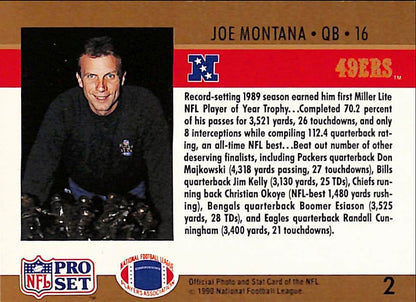 FIINR Football Card 1990 NFL Pro Set Joe Montana NFL Football Card #2 - Mint Condition