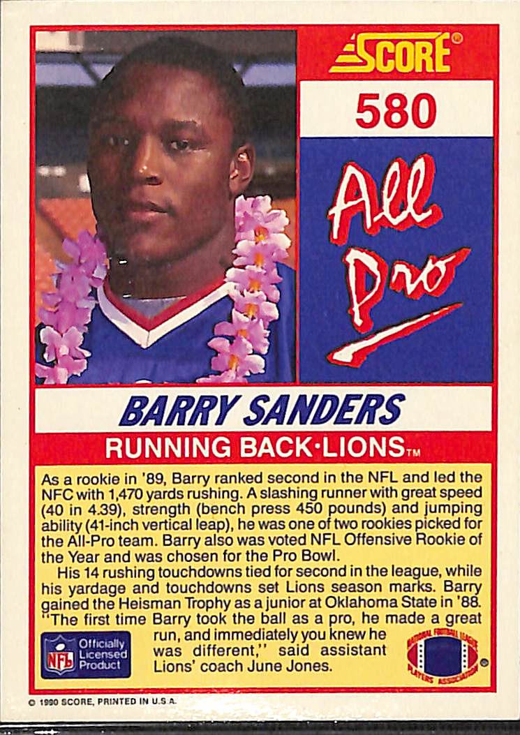 FIINR Football Card 1990 Score Barry Sanders All-Pro  Football Card #580 - Mint Condition