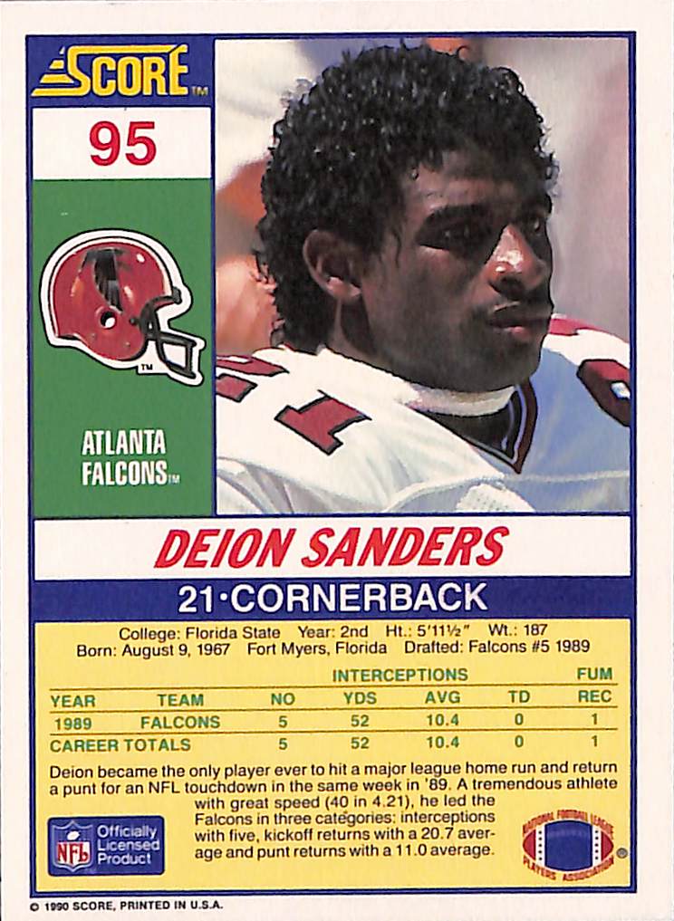 FIINR Football Card 1990 Score Deion Sanders NFL Football Card #95 - Mint Condition