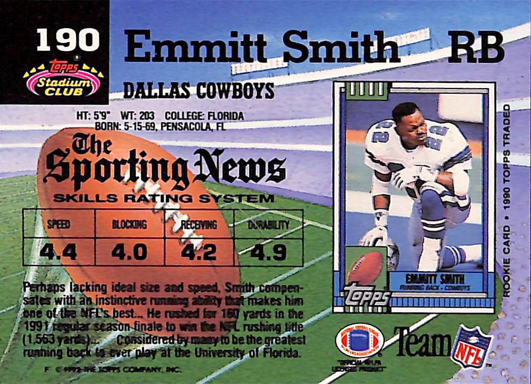 FIINR Football Card 1990 Topps Stadium Club Emmitt Smith NFL Football Card #190 - Mint Condition