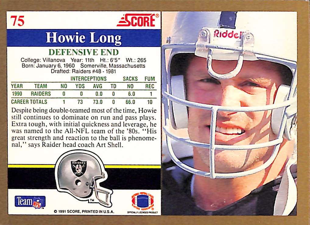 FIINR Football Card 1991 Score Howie Long NFL Football Card #75 - Mint Condition