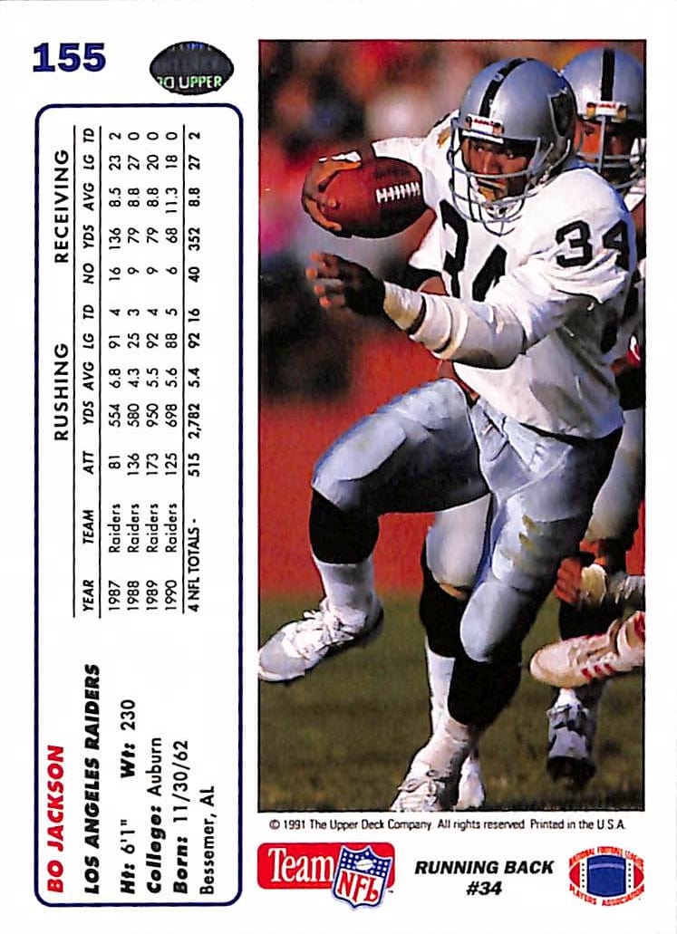 FIINR Football Card 1991 Upper Deck Bo Jackson NFL Football Card #155 - Mint Condition