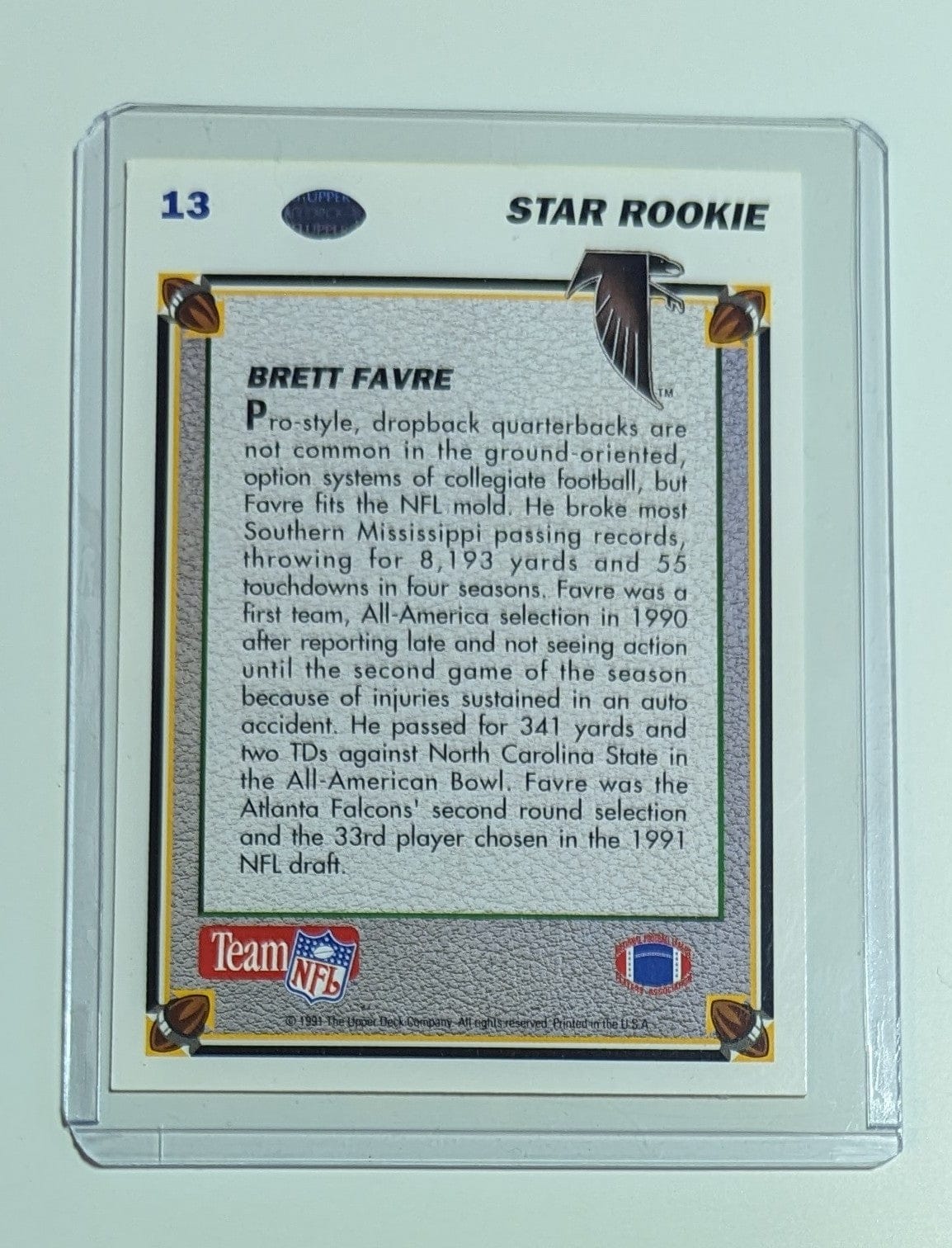 FIINR Football Card 1991 Upper Deck Brett Favre Rookie Card #13 Atlanta Falcons - Mint Condition