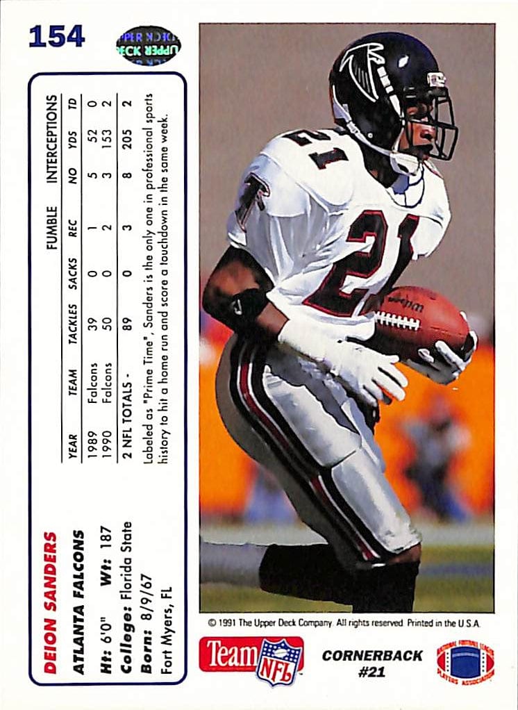 FIINR Football Card 1991 Upper Deck Deion Sanders  NFL Football Card #154 - Mint Condition