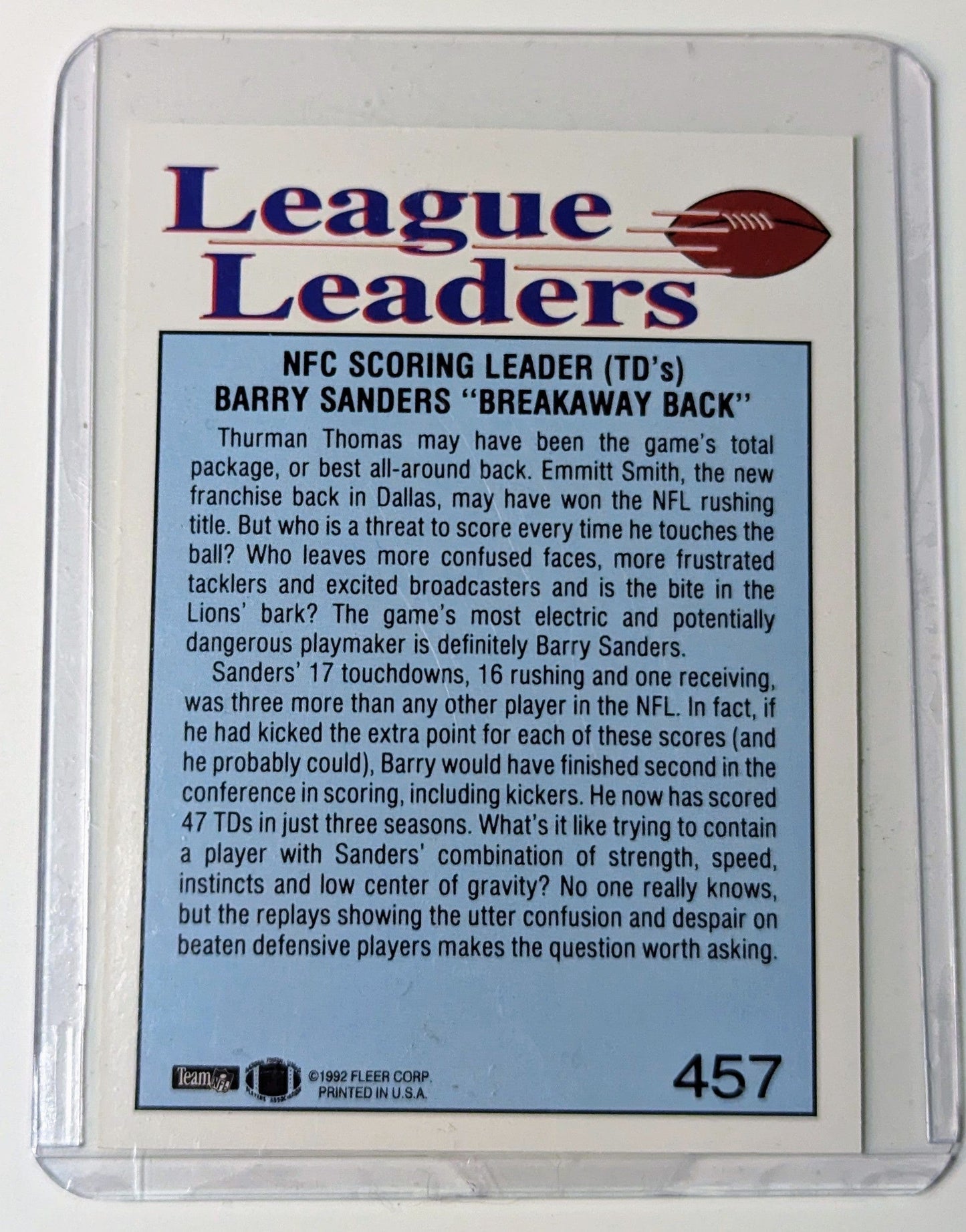 FIINR Football Card 1992 Fleer Barry Sanders leader Football Card #457 - Mint Condition