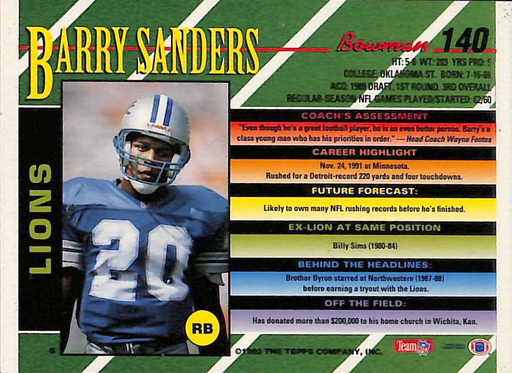 FIINR Football Card 1993 Bowman Barry Sanders NFL Football Card #140 - Mint Condition