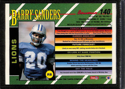 FIINR Football Card 1993 Bowman Barry Sanders NFL Football Card #140 - Mint Condition