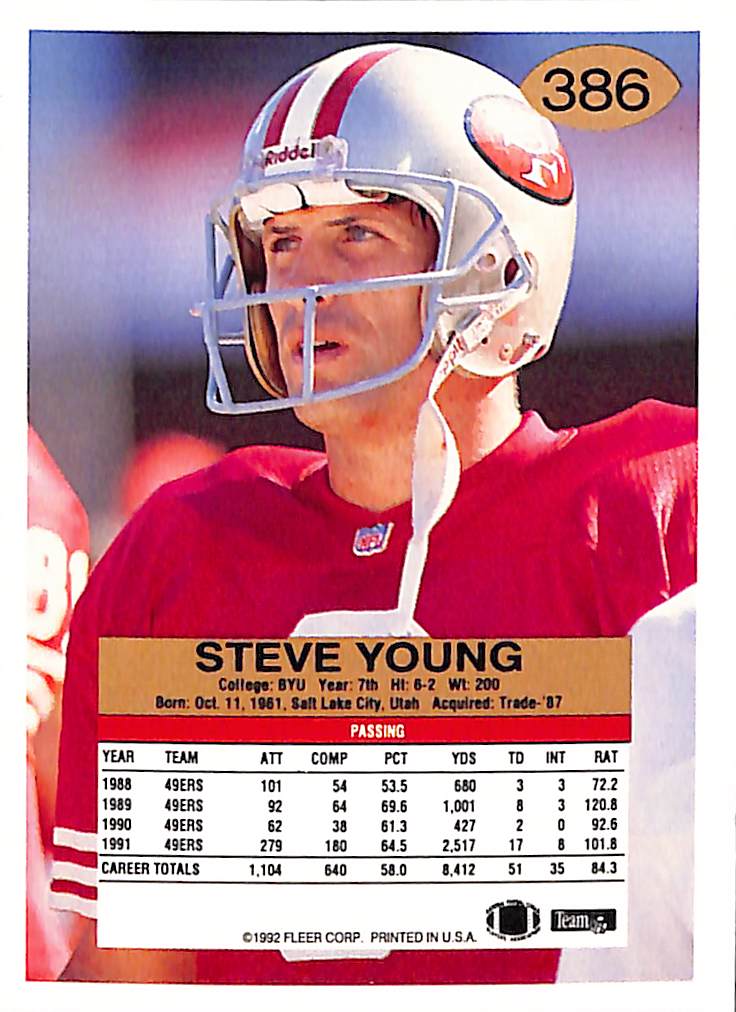 FIINR Football Card 1993 Fleer Steve Young NFL Football Card #386 - Mint Condition