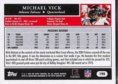 FIINR Football Card 2005 Topps 50 Years Michael Vick Football Card #190 - Pristine Condition - All Proceeds Donated to The ASPCA