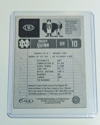 FIINR Football Card 2007 Brady Quinn Football Card #10 Notre Dame - Mint Condition