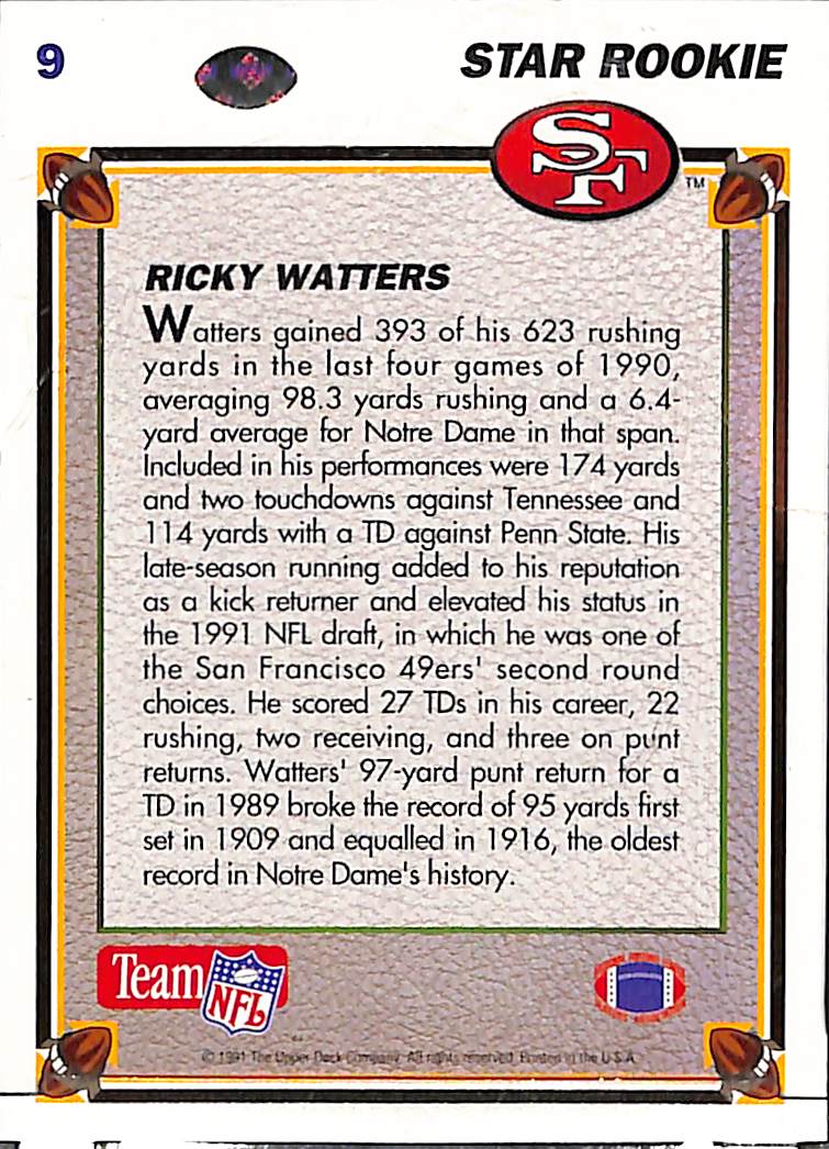 FIINR Football Card Team NFL 1991 Upper Deck Ricky Waters Football Rookie Card #9 - Mint Condition