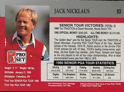 FIINR Golf Card 1990 PGA Pro Set Jack Nicklaus Professional Golf Collector Card #93 - Mint Condition