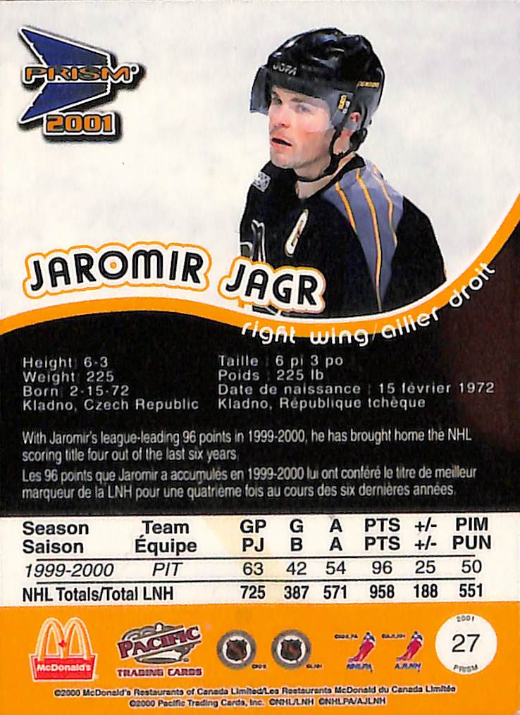 FIINR Hockey Card 2001 Prism Jaromir Jagr Hockey NHL Card #27 - Mint Condition