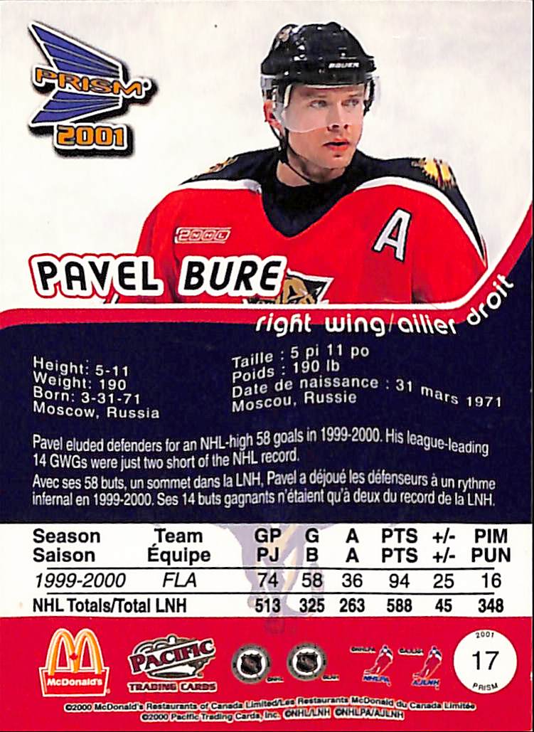 FIINR Hockey Card 2001 Prism Pavel Bure Hockey NHL Card #17 - Mint Condition