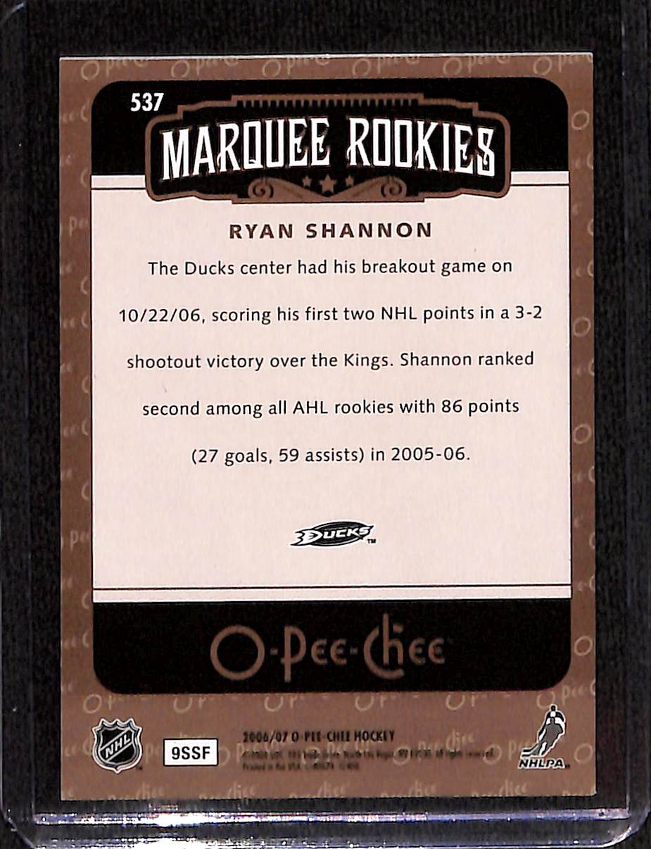 FIINR Hockey Card 2006 O-Pee-Chee Marquee Rookies Ryan Shannon NHL Hockey Card #537- Mint Condition