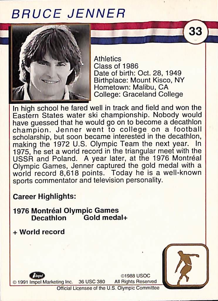 FIINR US Olympic Cards 1991 Bruce Caitlyn Jenner US Olympic Trading Card #33 - Mint Condition