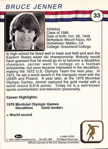 FIINR US Olympic Cards 1991 Bruce Caitlyn Jenner US Olympic Trading Card #33 - Mint Condition